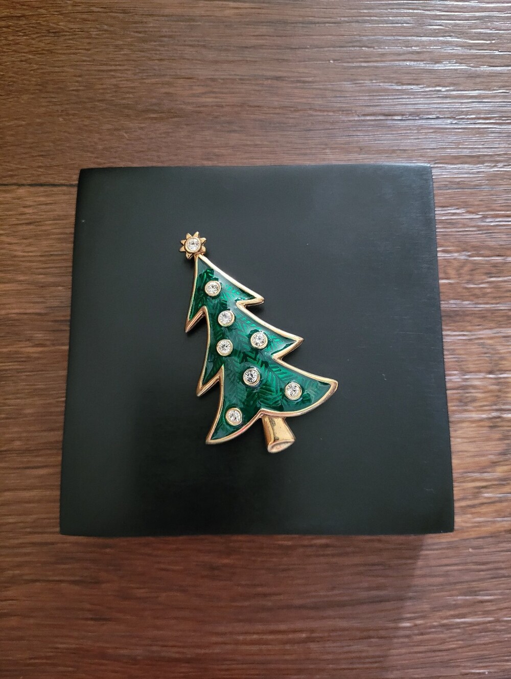 Vintage LIA Christmas Tree Brooch, Pine Green & Gold with Rhinestone Ornaments